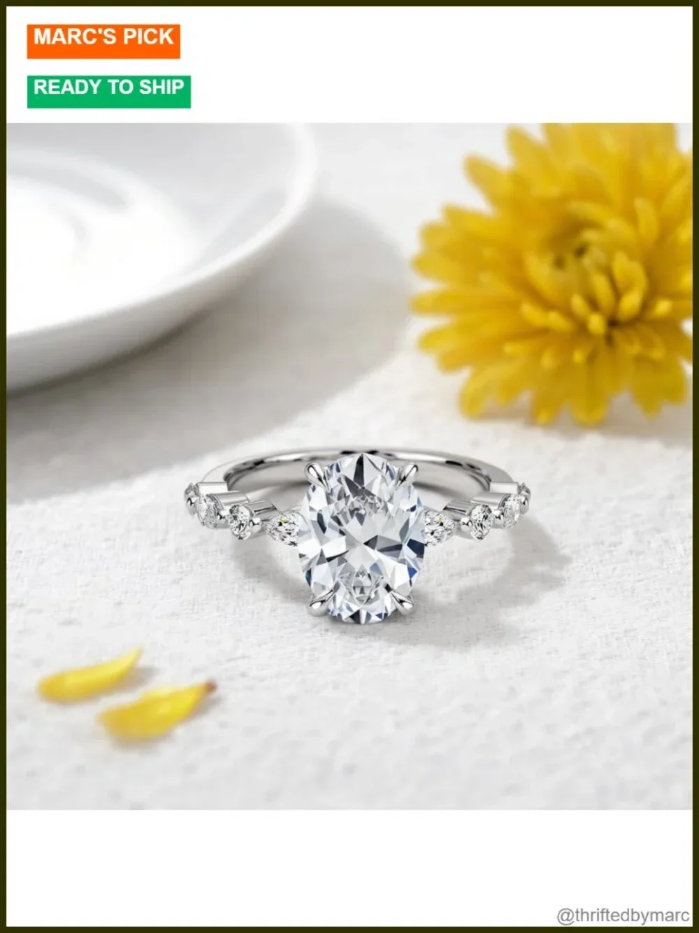 2 CT Oval Moissanite Engagement Ring with Marquise Band 925 Sterling Silver 18k